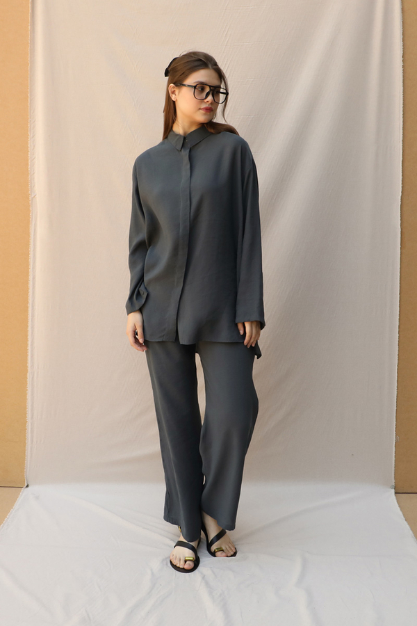 Basic Kuşaklı Gömlek Takım Füme - 5