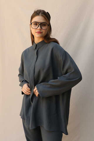 Basic Kuşaklı Gömlek Takım Füme - 4