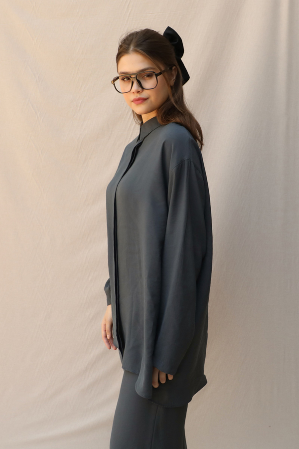 Basic Kuşaklı Gömlek Takım Füme - 6