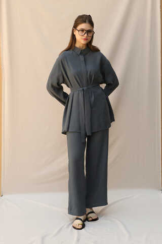 Basic Kuşaklı Gömlek Takım Füme - 3