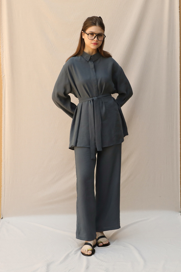 Basic Kuşaklı Gömlek Takım Füme - 3