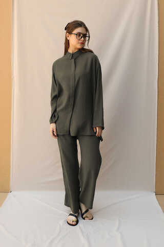 Basic Kuşaklı Gömlek Takım Haki - 3