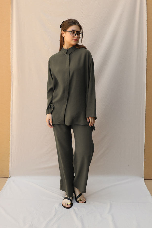 Basic Kuşaklı Gömlek Takım Haki - 3