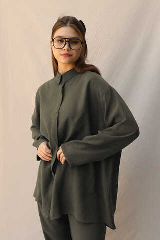 Basic Kuşaklı Gömlek Takım Haki - 2