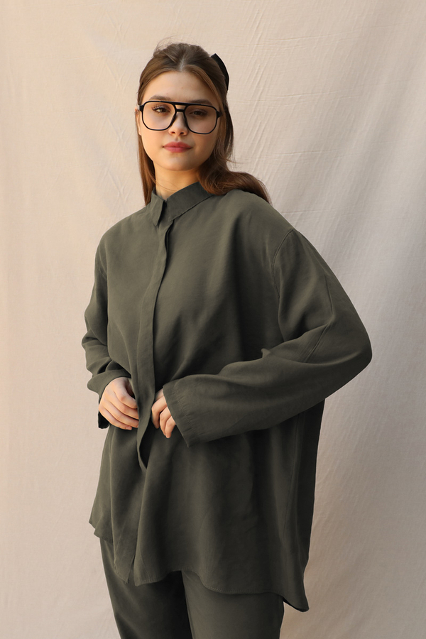 Basic Kuşaklı Gömlek Takım Haki - 2