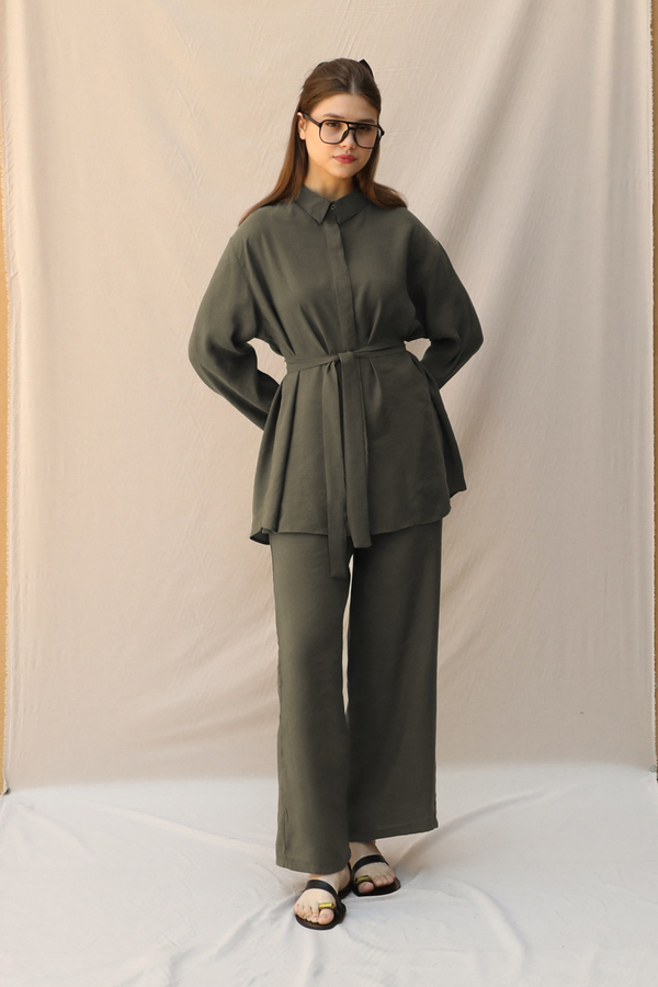 Basic Kuşaklı Gömlek Takım Haki - 1