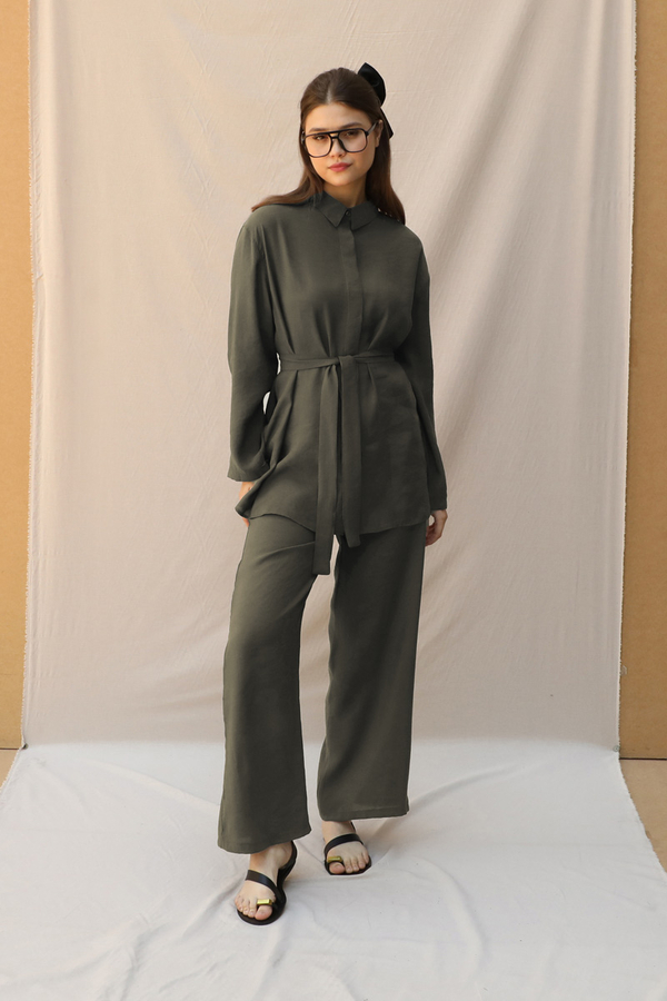 Basic Kuşaklı Gömlek Takım Haki - 5