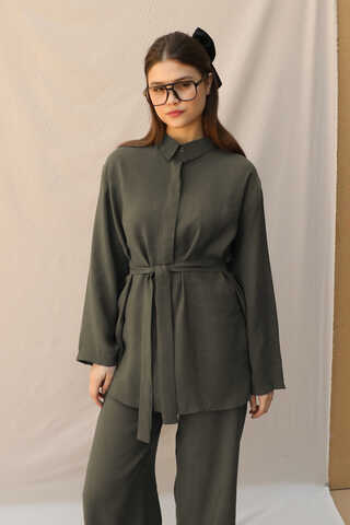 Basic Kuşaklı Gömlek Takım Haki - 4