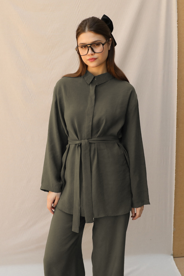 Basic Kuşaklı Gömlek Takım Haki - 4