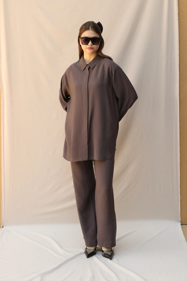 Basic Kuşaklı Gömlek Takım Kahve - 1