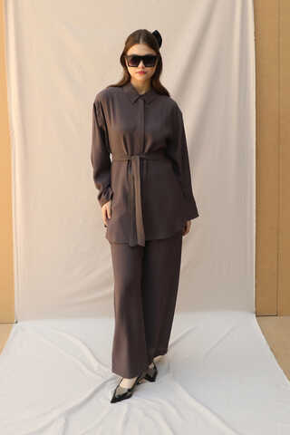 Basic Kuşaklı Gömlek Takım Kahve - 2