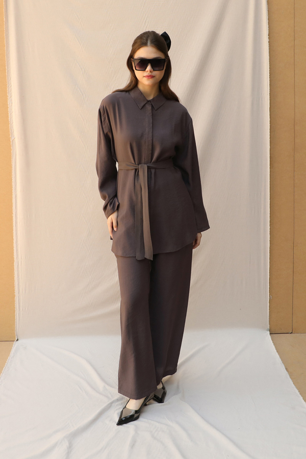 Basic Kuşaklı Gömlek Takım Kahve - 2