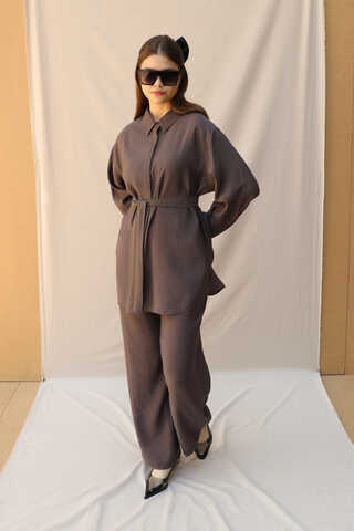 Basic Kuşaklı Gömlek Takım Kahve - 4