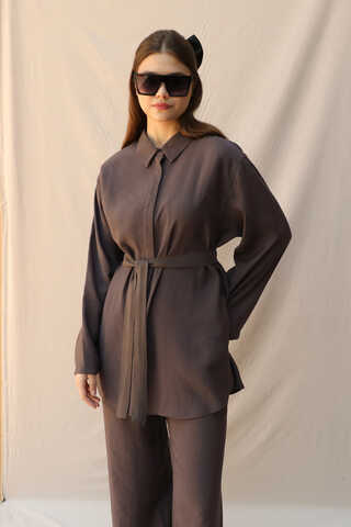 Basic Kuşaklı Gömlek Takım Kahve - 5