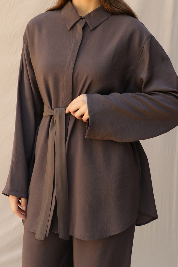 Basic Kuşaklı Gömlek Takım Kahve - 3