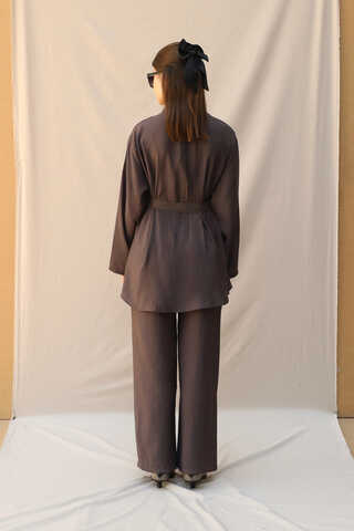 Basic Kuşaklı Gömlek Takım Kahve - 7