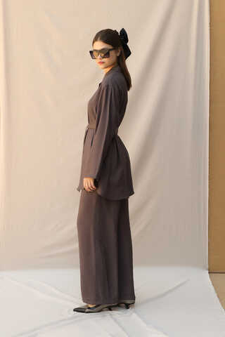 Basic Kuşaklı Gömlek Takım Kahve - 6