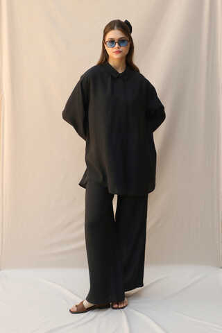 Basic Kuşaklı Gömlek Takım Siyah - 1