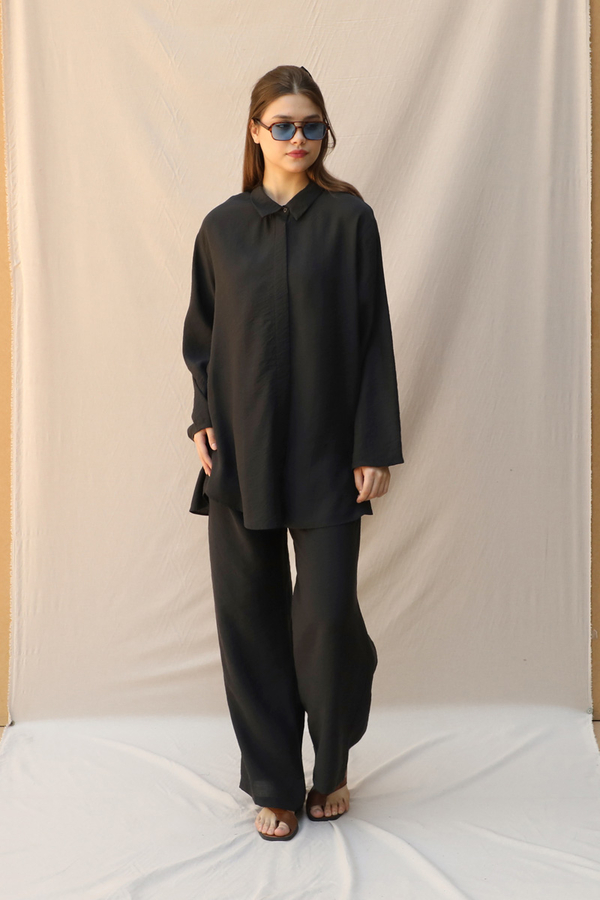 Basic Kuşaklı Gömlek Takım Siyah - 4