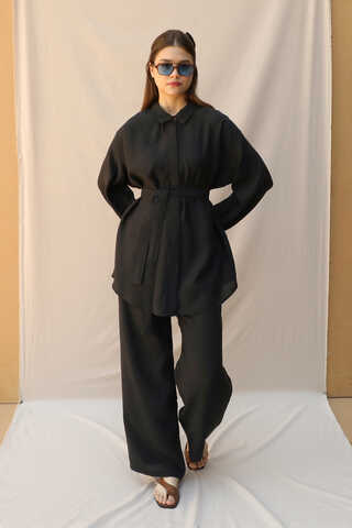 Basic Kuşaklı Gömlek Takım Siyah - 2