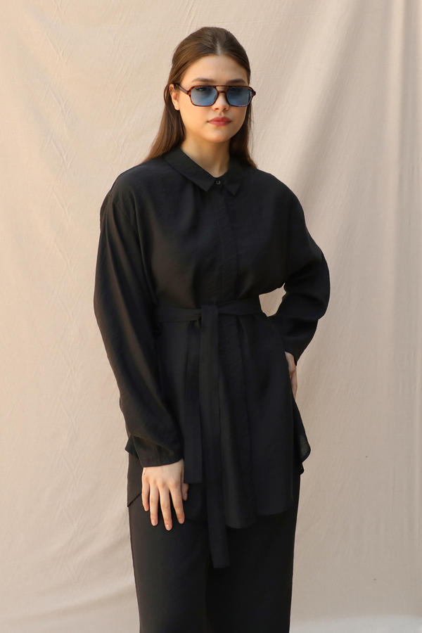 Basic Kuşaklı Gömlek Takım Siyah - 3