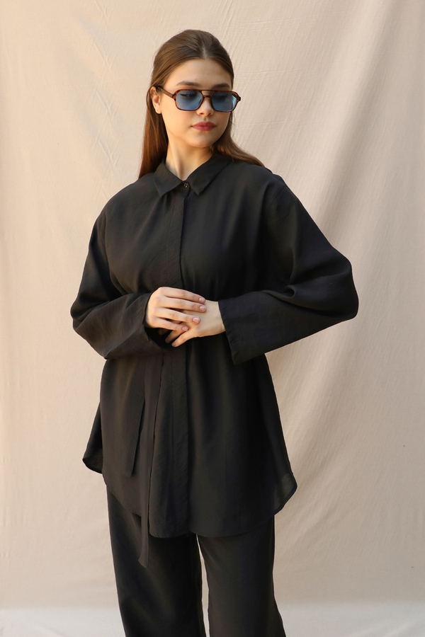 Basic Kuşaklı Gömlek Takım Siyah - 6