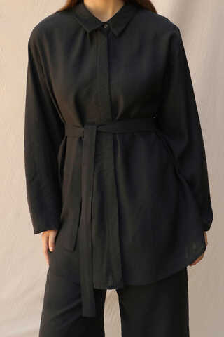 Basic Kuşaklı Gömlek Takım Siyah - 5