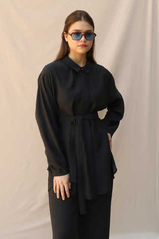 Basic Kuşaklı Gömlek Takım Siyah - 3