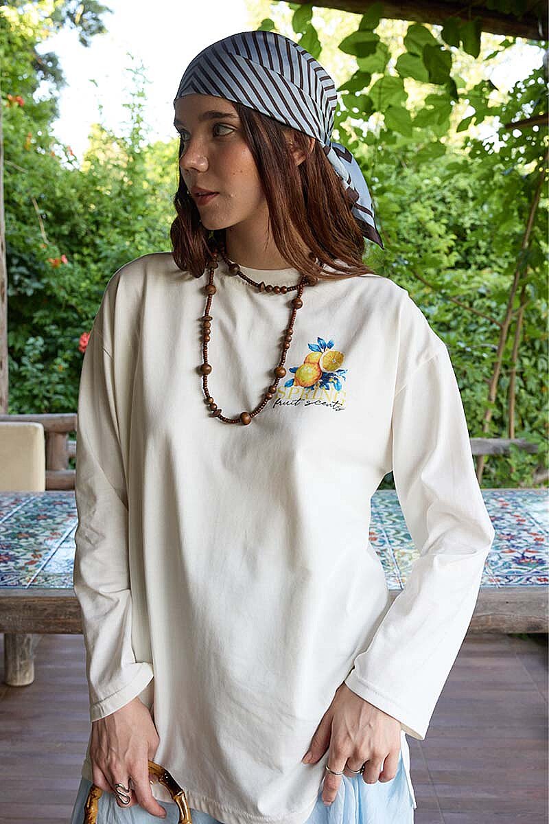 Limon Baskılı Uzun Kol Tişört Ekru - 2