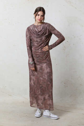 Batik Desen Tül Elbise Bordo - 2
