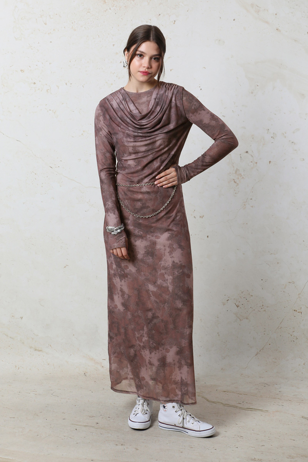Batik Desen Tül Elbise Bordo - 2