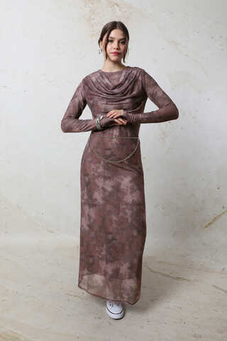 Batik Desen Tül Elbise Bordo - 3