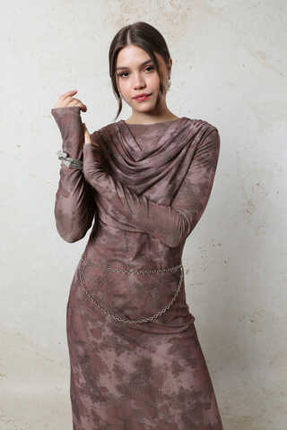 Batik Desen Tül Elbise Bordo - 4