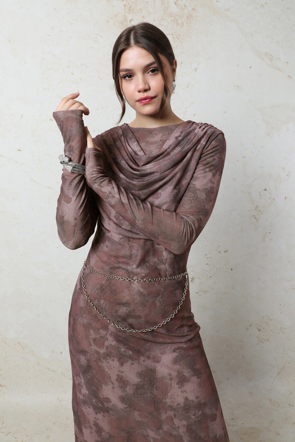 Batik Desen Tül Elbise Bordo - 4