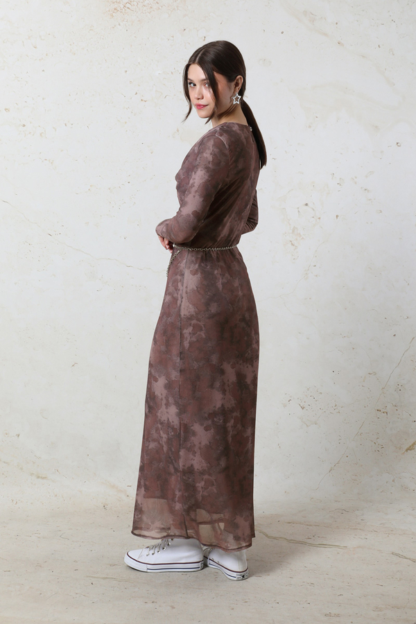 Batik Desen Tül Elbise Bordo - 6