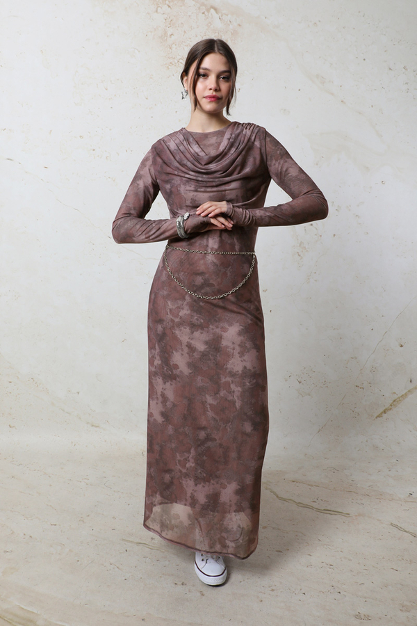 Batik Desen Tül Elbise Bordo - 3