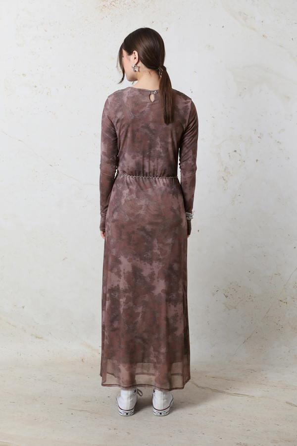 Batik Desen Tül Elbise Bordo - 7