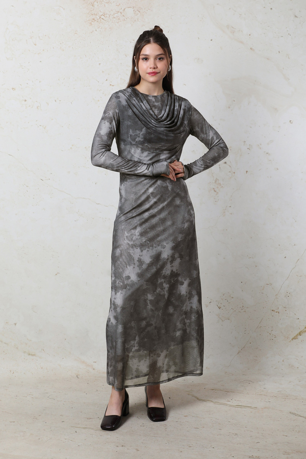 Batik Desen Tül Elbise Füme - 1