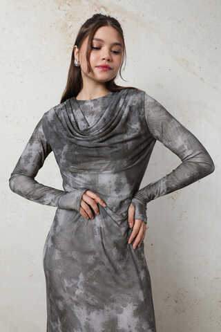 Batik Desen Tül Elbise Füme - 4