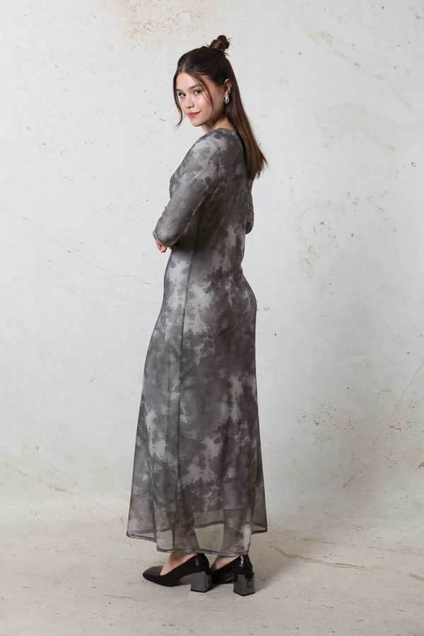 Batik Desen Tül Elbise Füme - 6