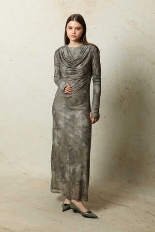 Batik Desen Tül Elbise Haki - 2