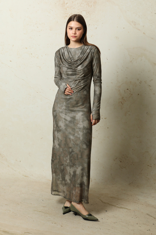 Batik Desen Tül Elbise Haki - 2