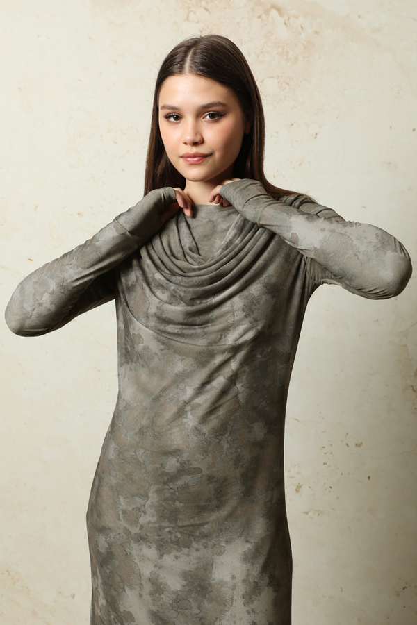 Batik Desen Tül Elbise Haki - 3