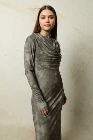 Batik Desen Tül Elbise Haki - 1