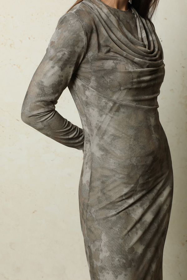 Batik Desen Tül Elbise Haki - 5