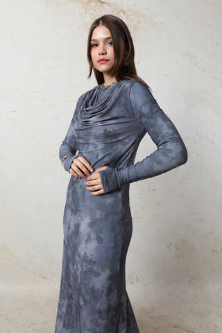 Batik Desen Tül Elbise Mavi - 4