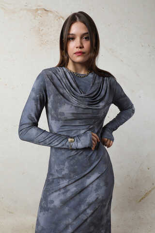 Batik Desen Tül Elbise Mavi - 3