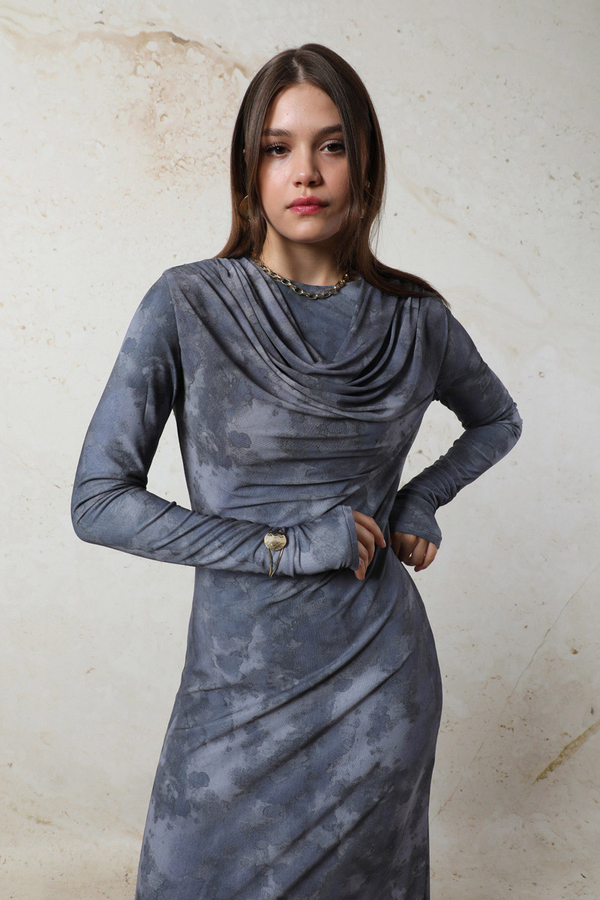 Batik Desen Tül Elbise Mavi - 3