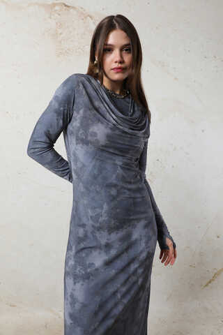 Batik Desen Tül Elbise Mavi - 5