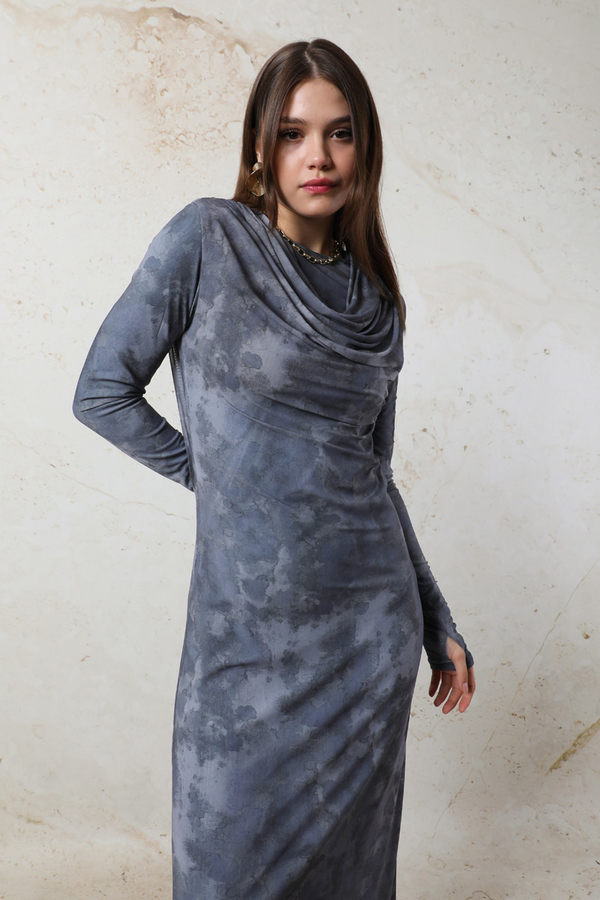 Batik Desen Tül Elbise Mavi - 5